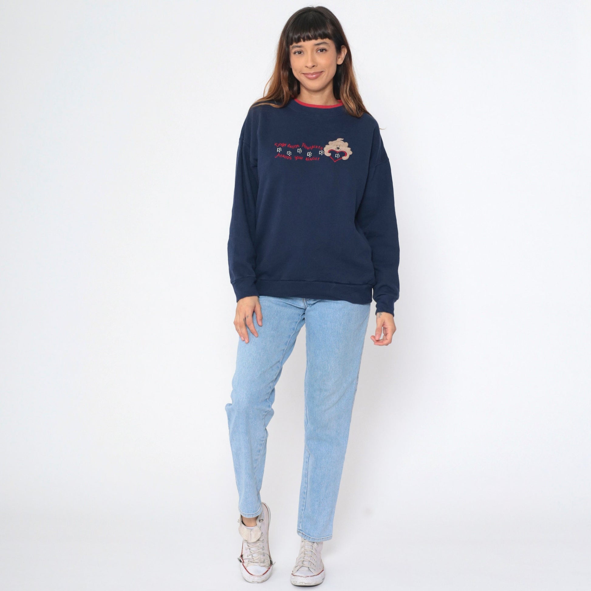 Y2K Dog Sweatshirt Navy Blue Rhinestone Embroidered Heart Pawprints Medium