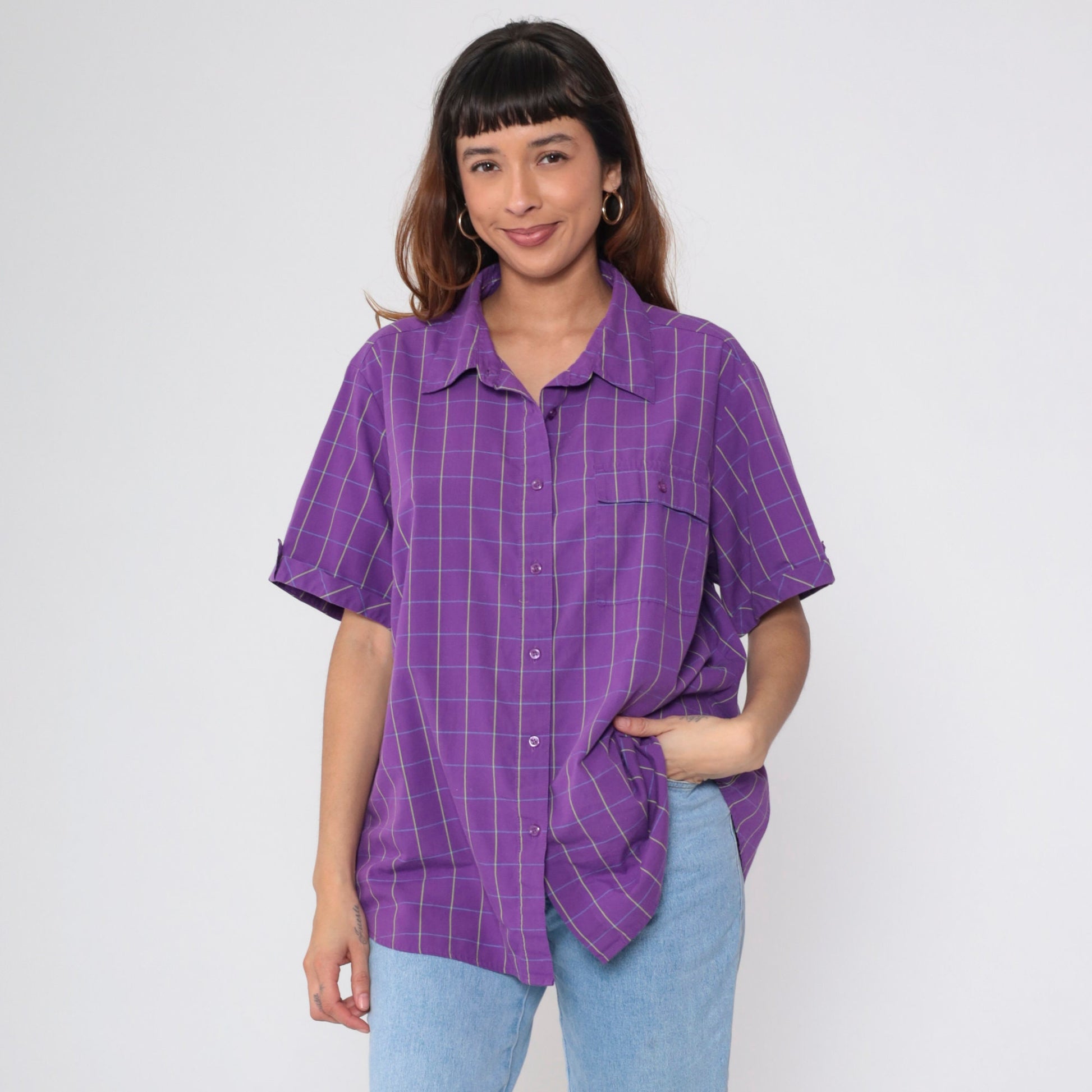 90s Purple Checkered Button-Up Blouse Short Sleeve Preppy Plus Size 18W