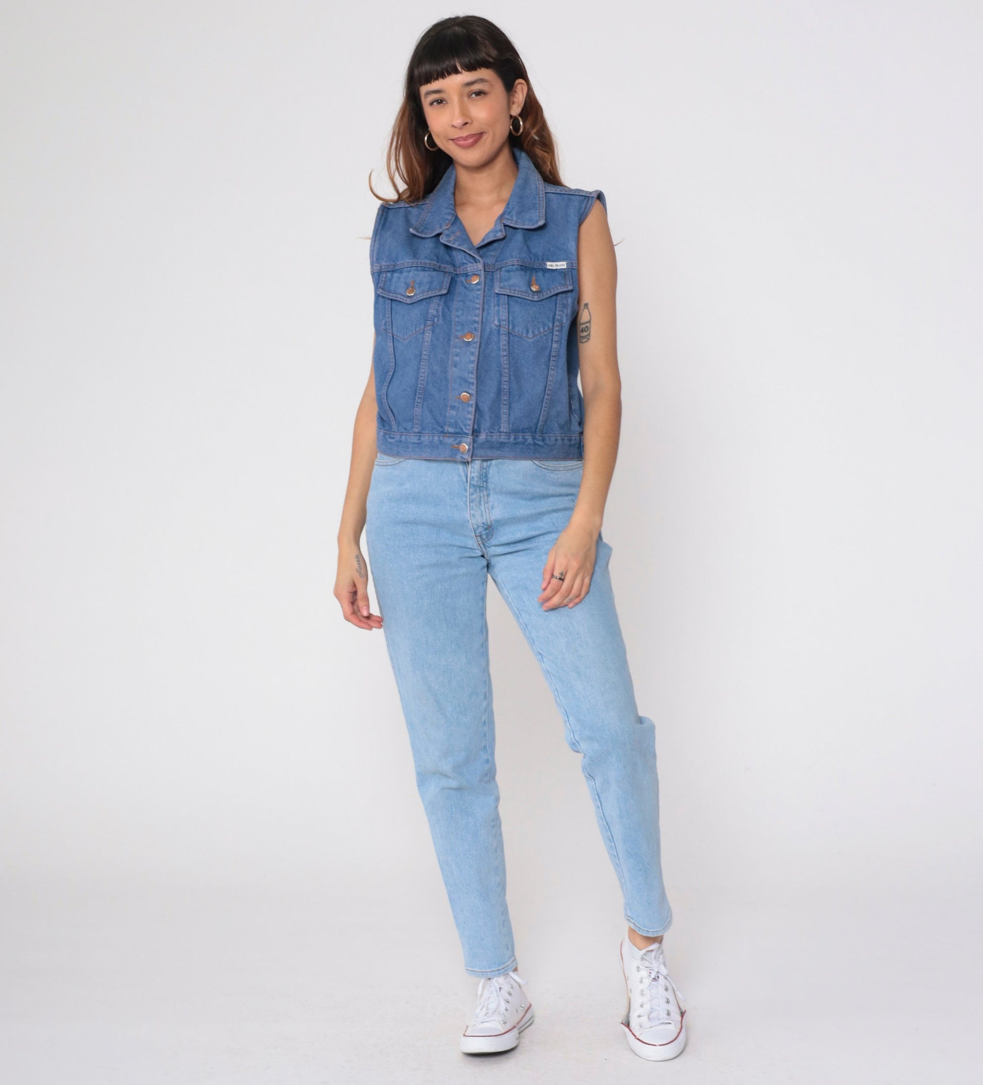 90s Bill Blass Cropped Denim Vest Blue Jean Sleeveless Button-Up Medium