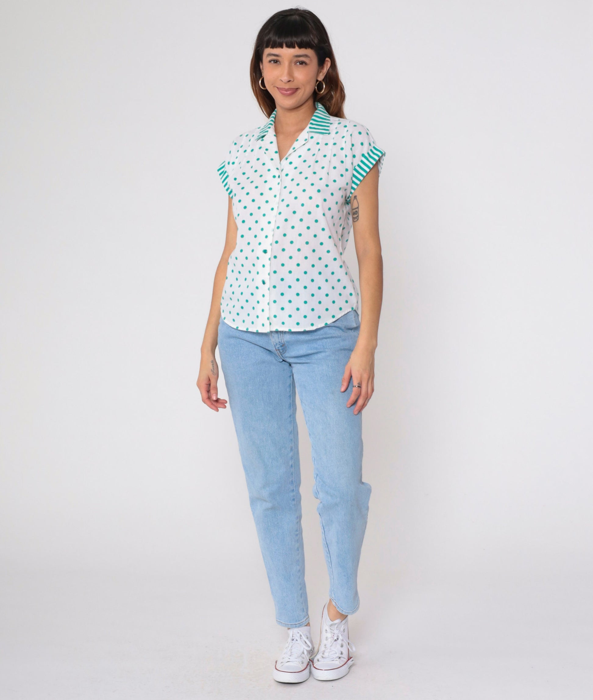 80s White Polka Dot Blouse Green Striped Collar Button Up Cap Sleeve Medium