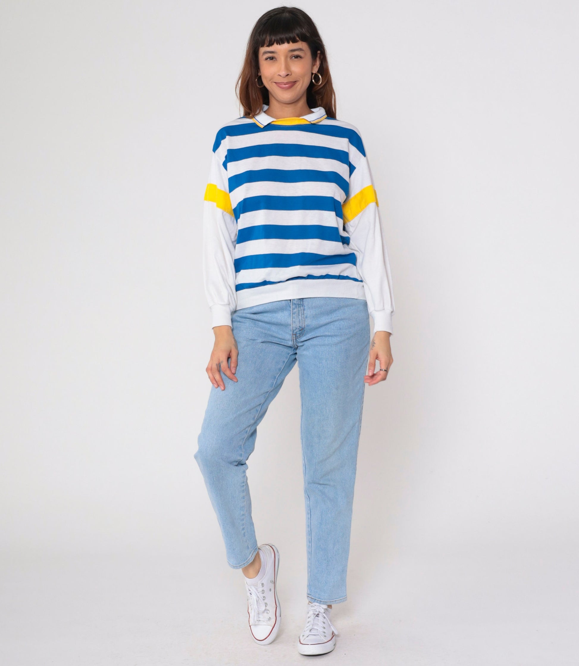 80s Blue White Striped Collared Shirt Yellow Trim Long Sleeve Medium