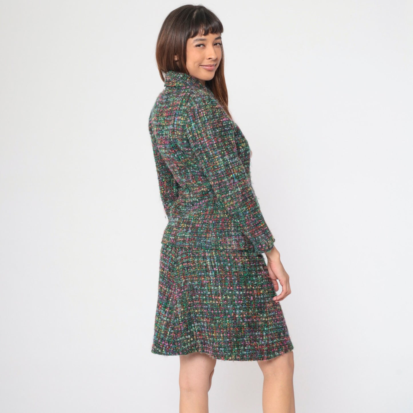 70s Multicolor Tweed Two Piece Suit Jacket and Pencil Skirt Set Medium M