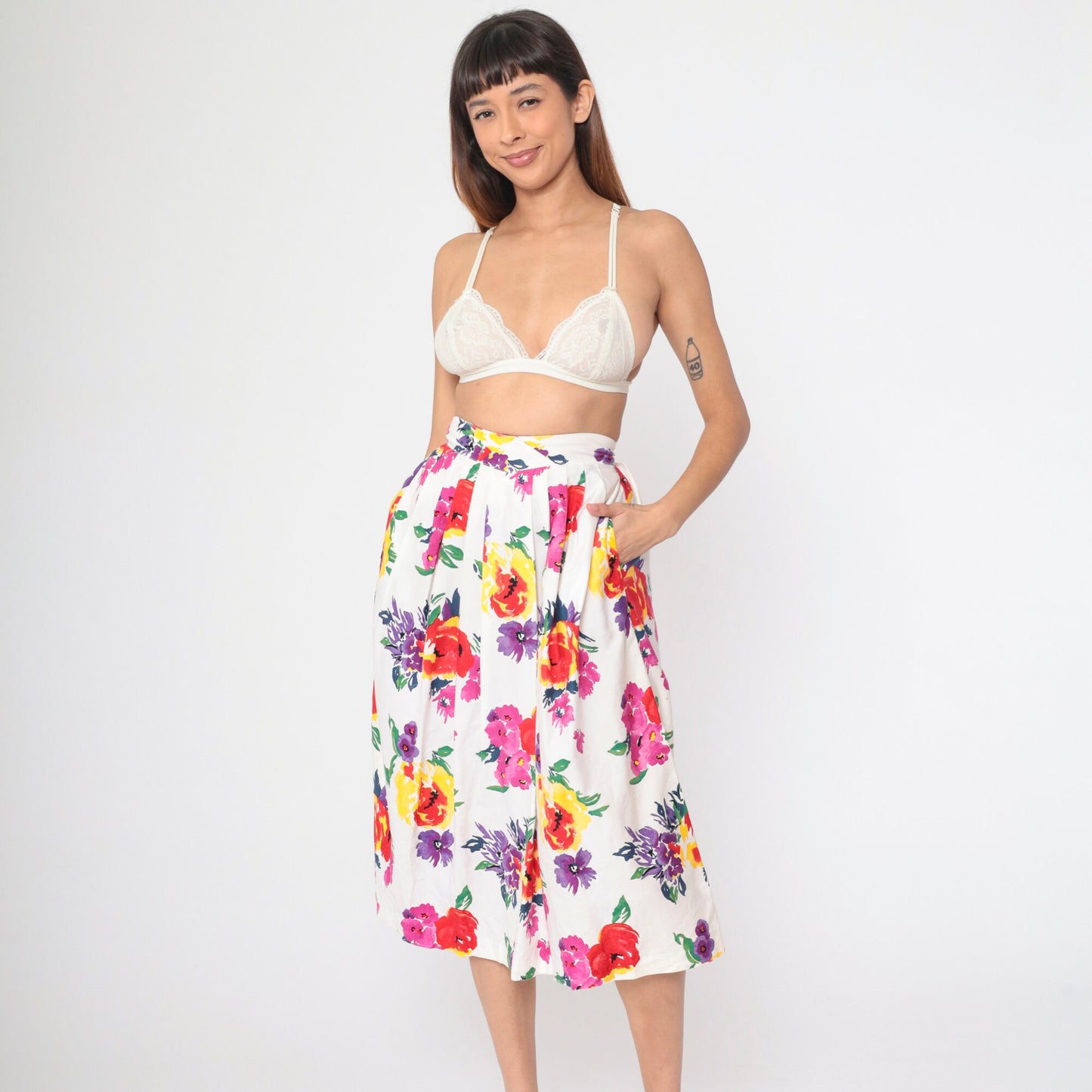 90s Worthington White Floral Pleated Midi Skirt High Waist Pockets Small