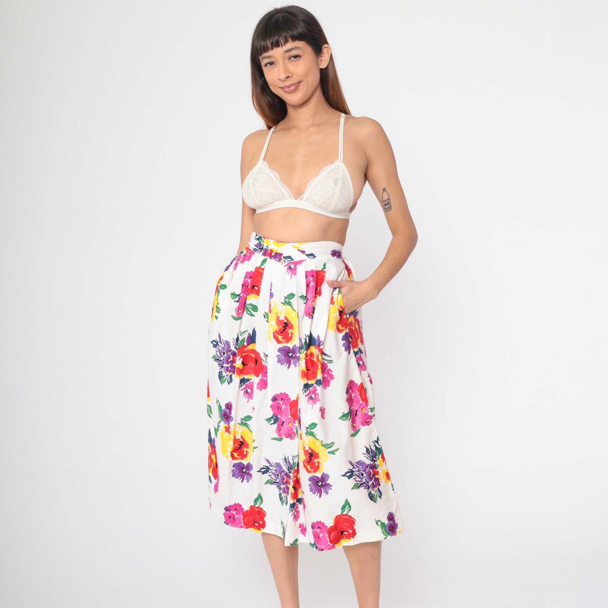 90s Worthington White Floral Pleated Midi Skirt High Waist Pockets Small