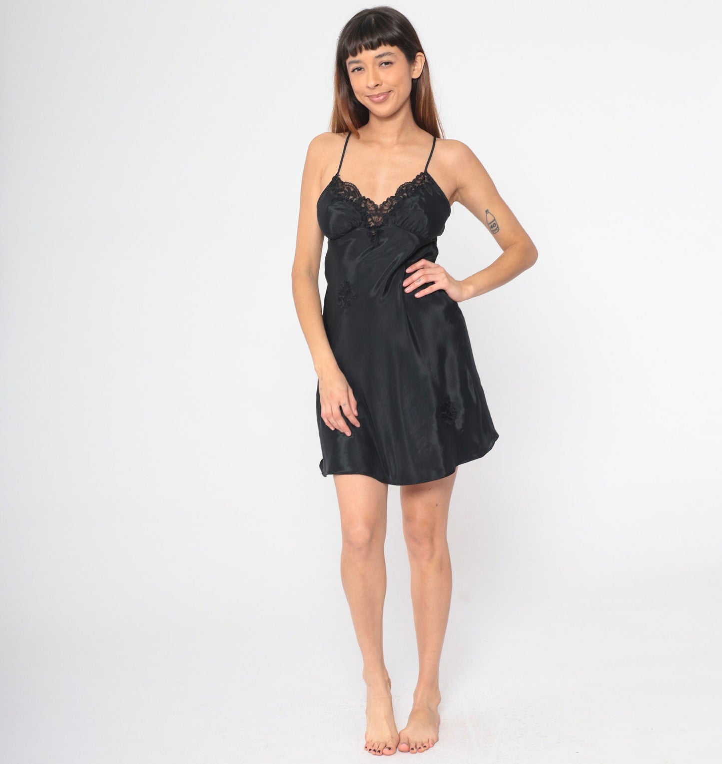 90s Black Slip Dress Mini Lace Floral Applique Empire Waist Small S