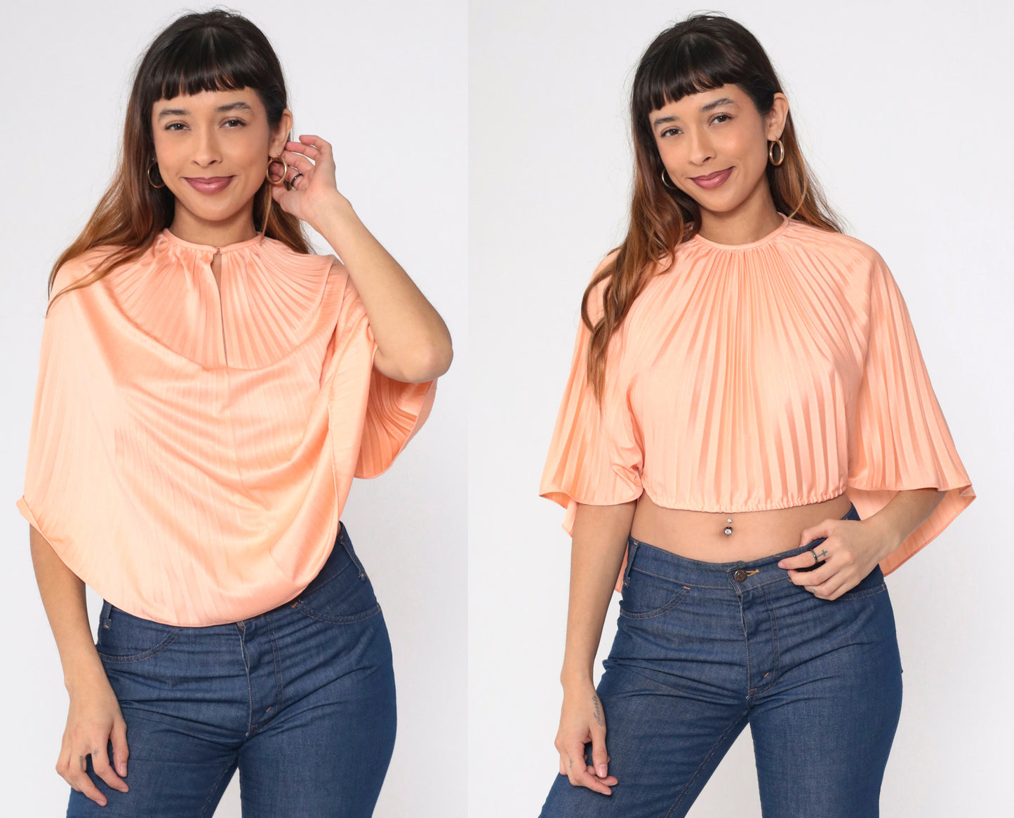 70s Peach Pleated Crop Blouse Wide Sleeve Keyhole Back Small