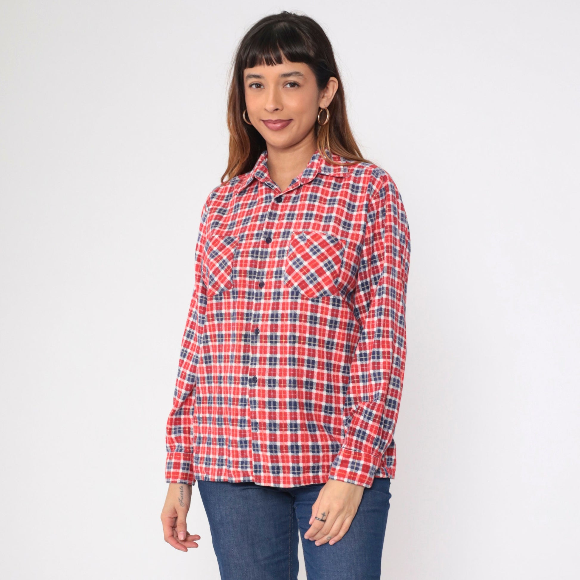 90s Red White Blue Plaid Flannel Shirt Cotton Button-Up Medium