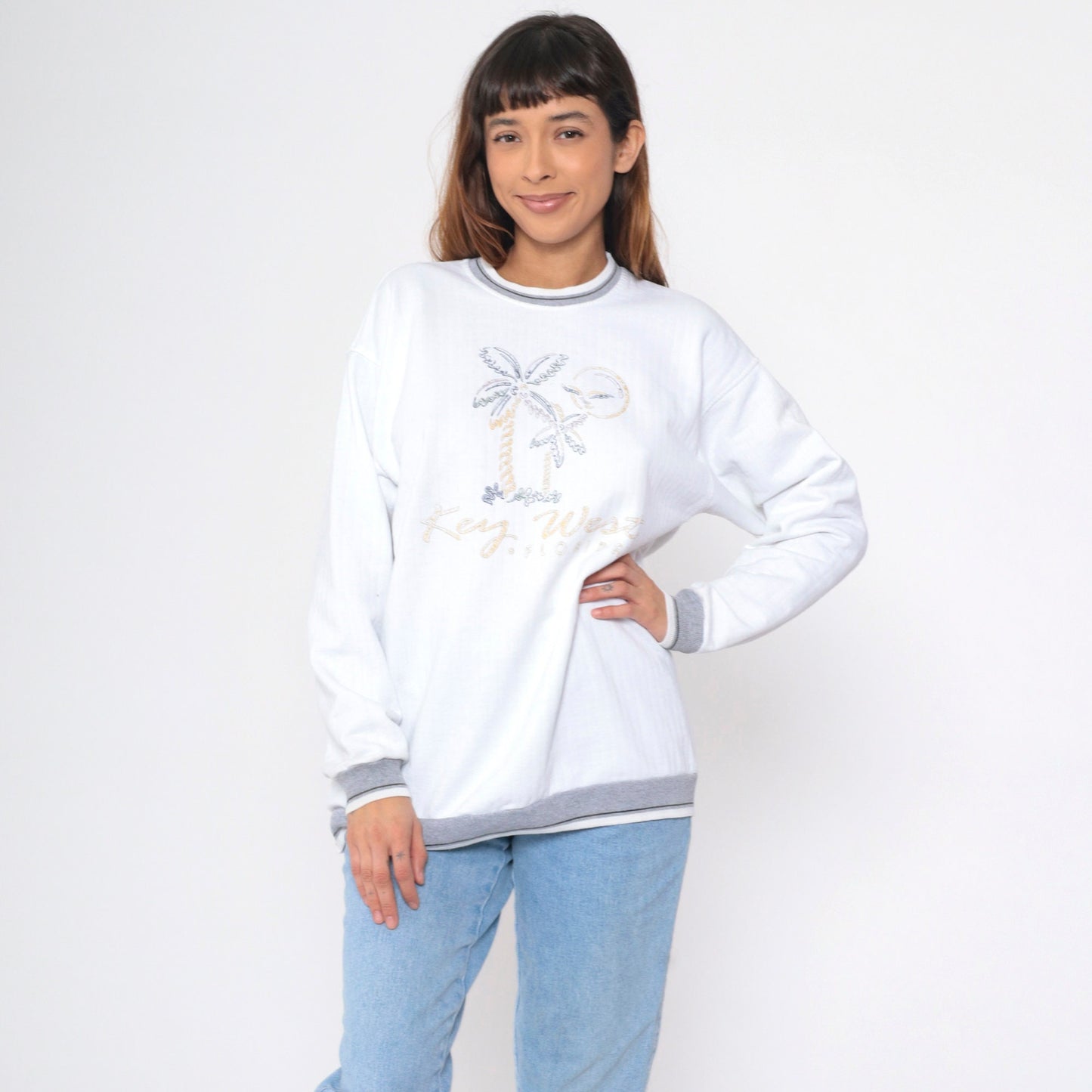 90s Key West Florida Sweatshirt White Graphic Beach Palm Ringer Large L