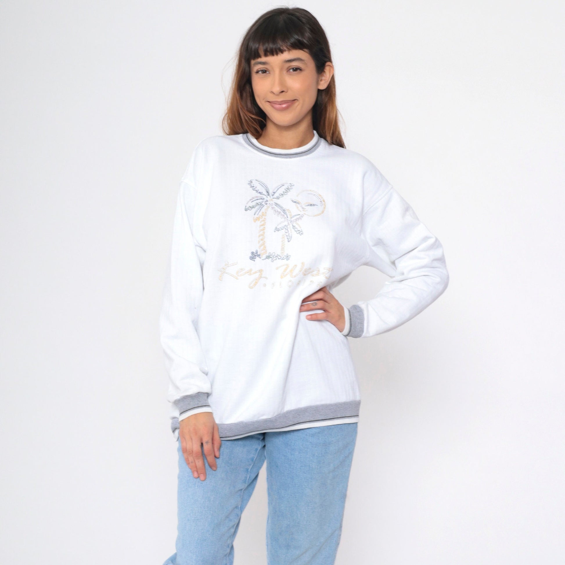90s Key West Florida Sweatshirt White Graphic Beach Palm Ringer Large L