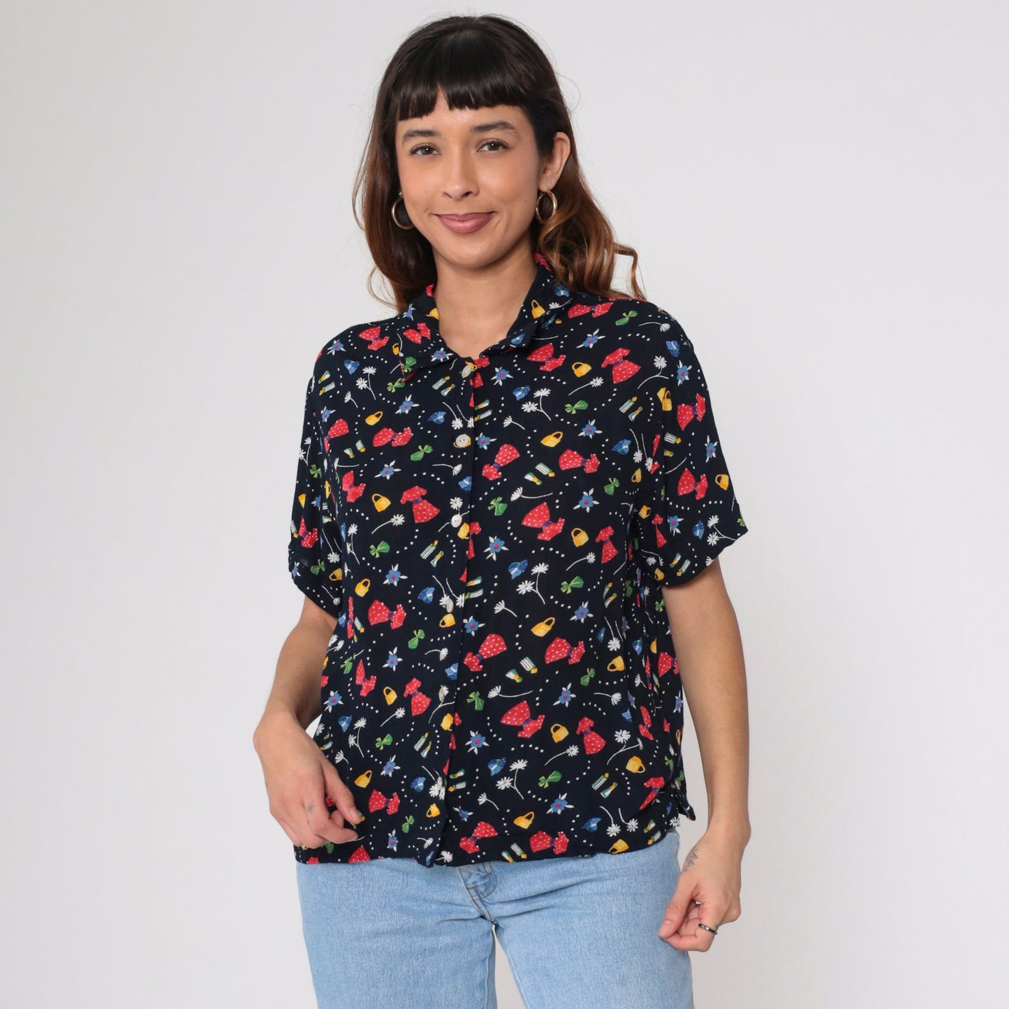90s Fashion Print Black Button-Up Blouse Floral Purse Dress Graphic Medium Large