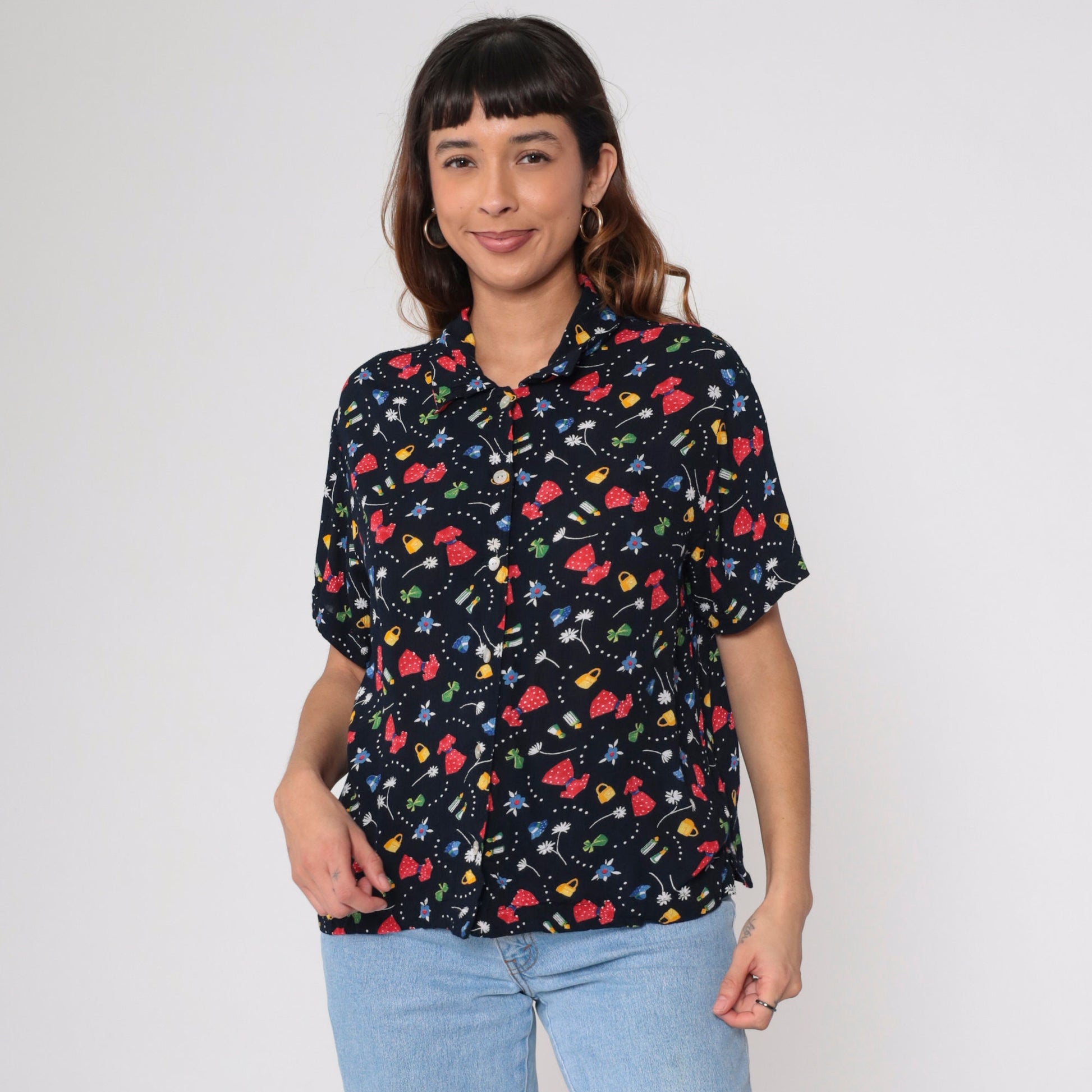 90s Fashion Print Black Button-Up Blouse Floral Purse Dress Graphic Medium Large