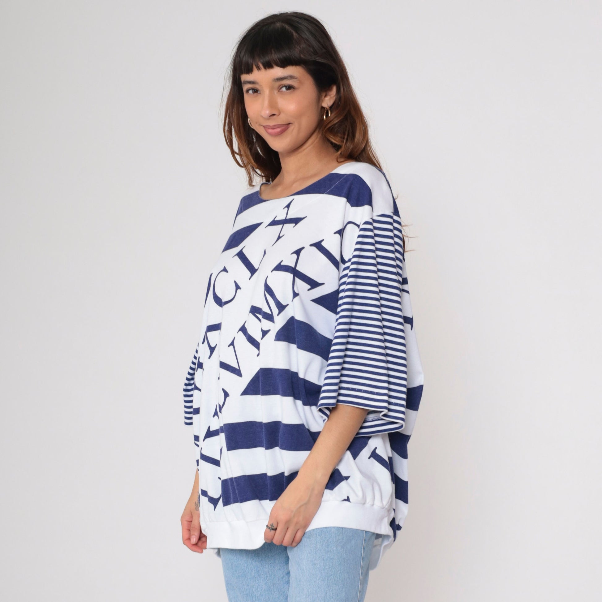 80s Roman Numerals Alphabet Graphic Tee Striped Sleeves White Blue Plus Size XXL