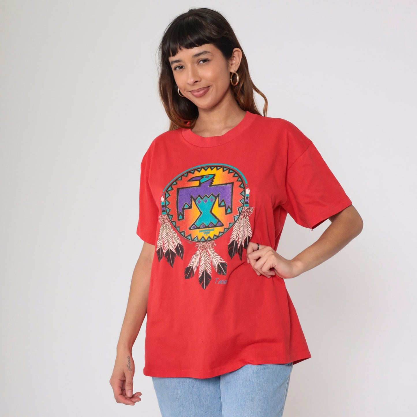 90s Taos New Mexico Eagle Graphic Tee Red Glitter Native American Large L