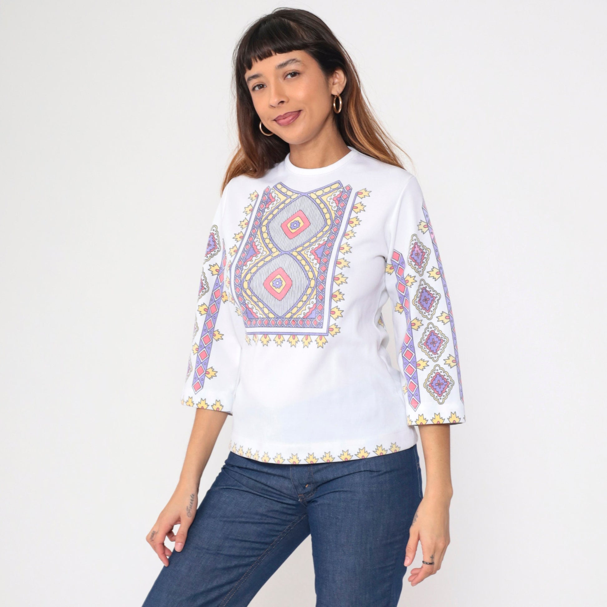 70s Geometric Floral Graphic Blouse White 3/4 Sleeve Zip Back Small