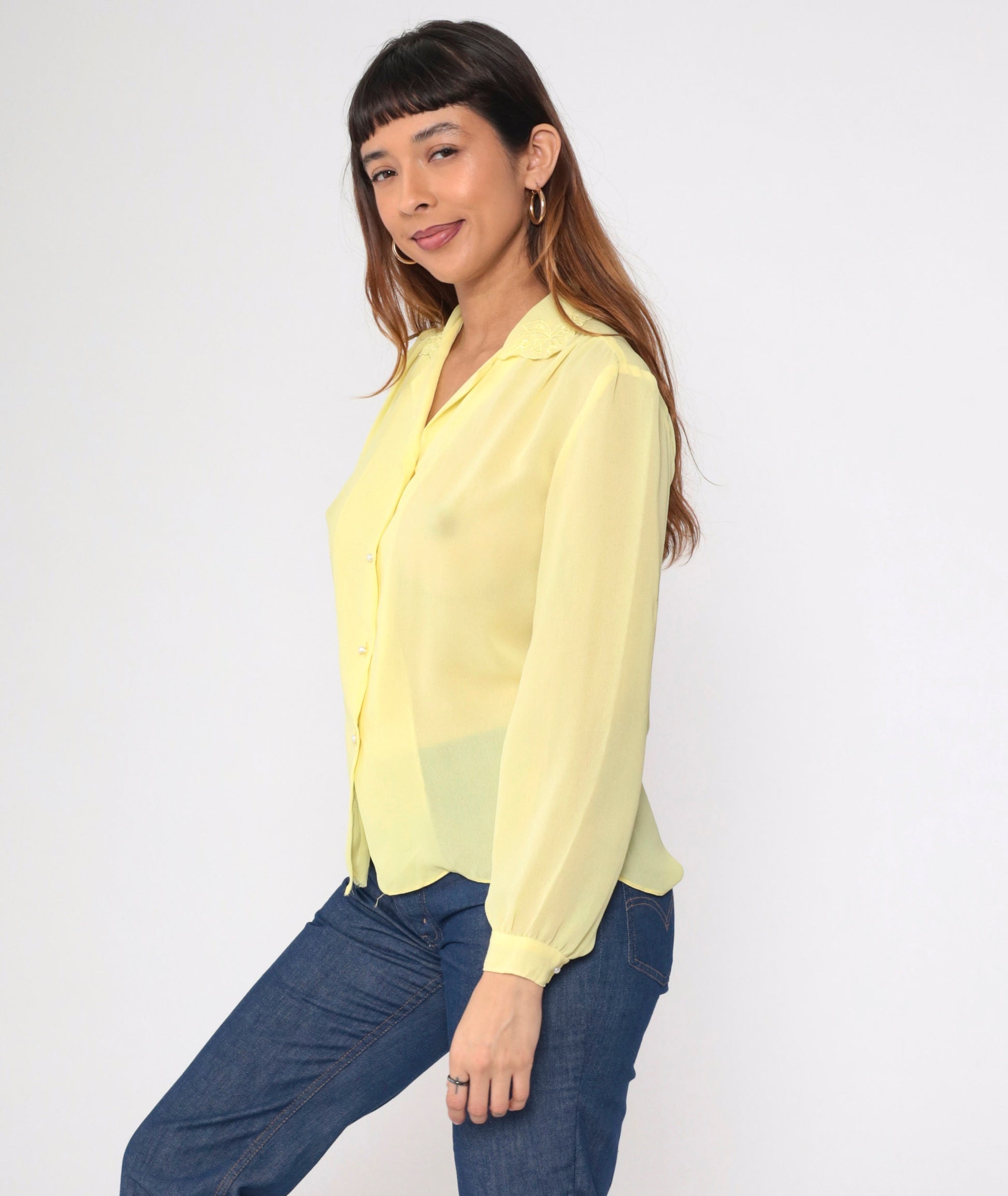 70s Yellow Sheer Blouse Floral Embroidered Collar Button-Up Long Sleeve Medium