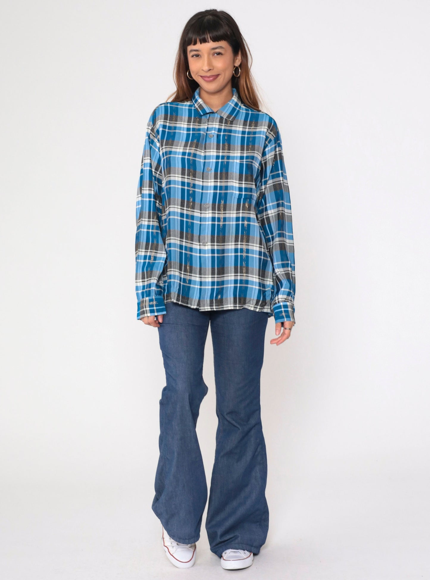 70s Metallic Plaid Blue Button-Up Shirt Pilgrim Western Long Sleeve Large