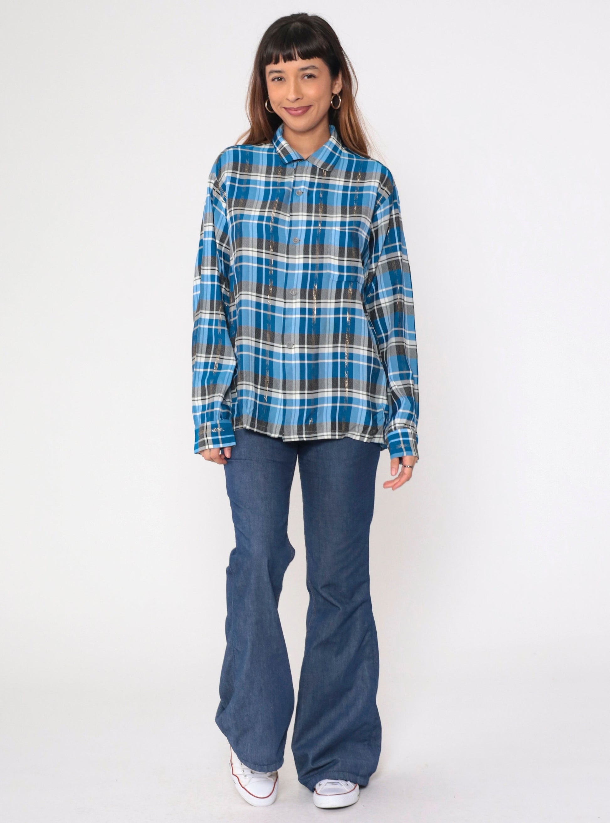 70s Metallic Plaid Blue Button-Up Shirt Pilgrim Western Long Sleeve Large
