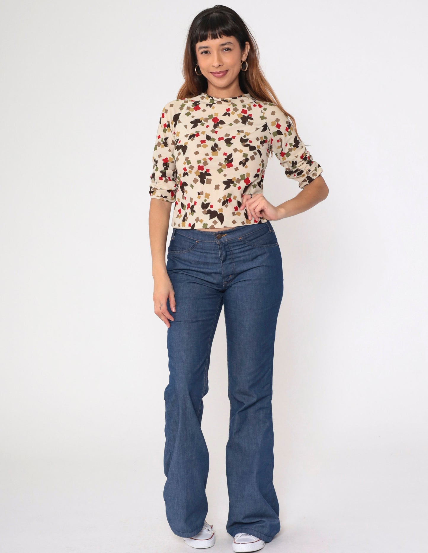 70s Cream Floral Abstract Crop Top Blouse Bow Neckline Raglan Sleeve Extra Small