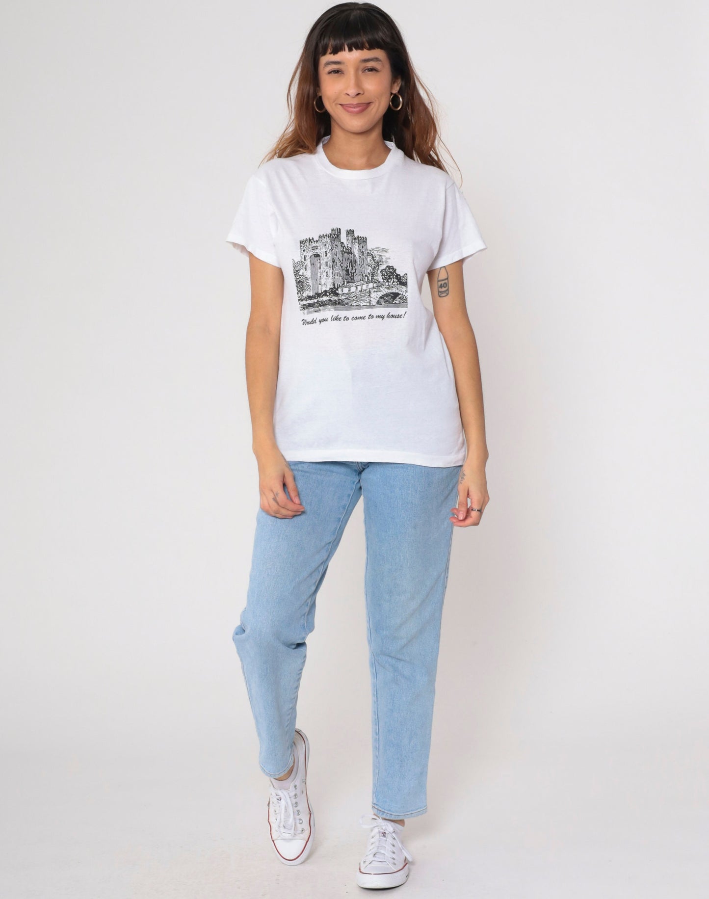 90s Castle Graphic T-Shirt "Would You Like To Come To My House" White Small