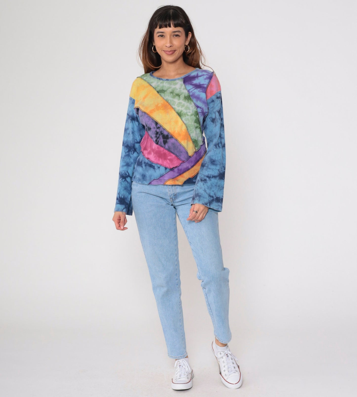 00s Tie Dye Panel Long Sleeve T Shirt Blue Green Yellow Purple Cotton Medium