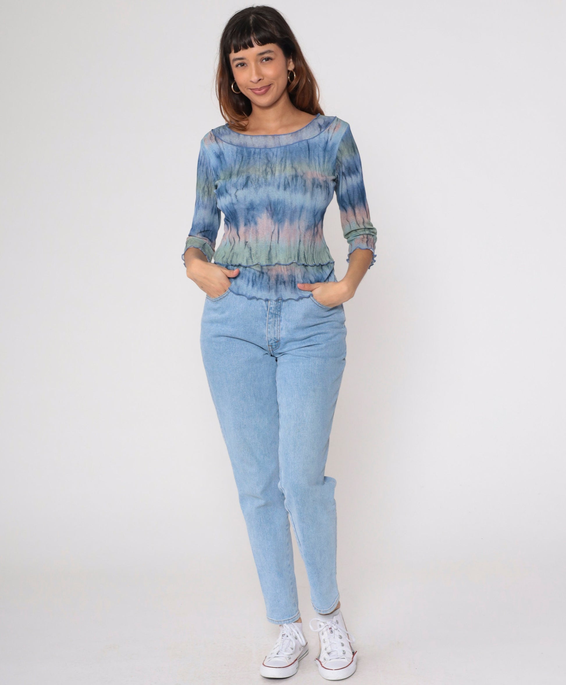 Y2K Tie Dye 3/4 Sleeve Top Lettuce Edge Semi-Sheer Blue Pink Green Medium