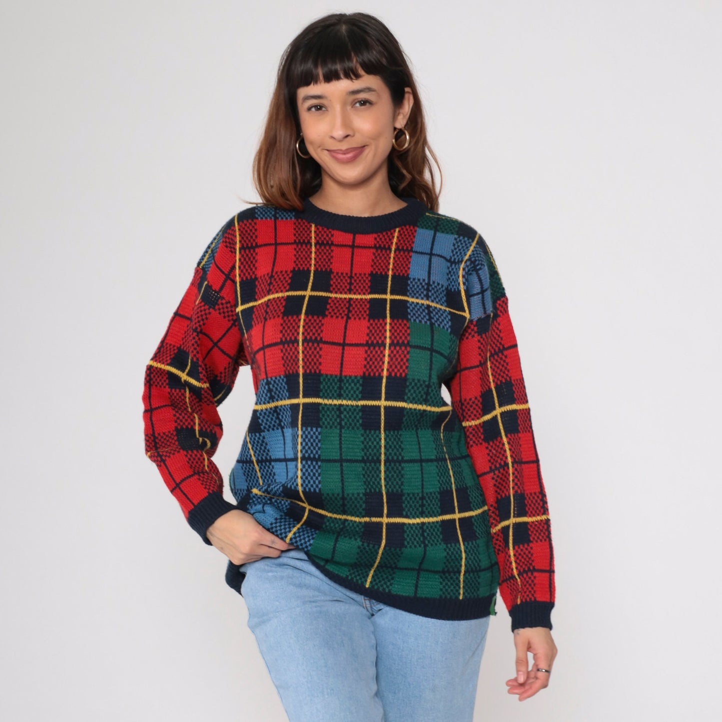 90s Silvercord Plaid Colour Block Sweater Red Green Blue Tartan Crewneck Medium