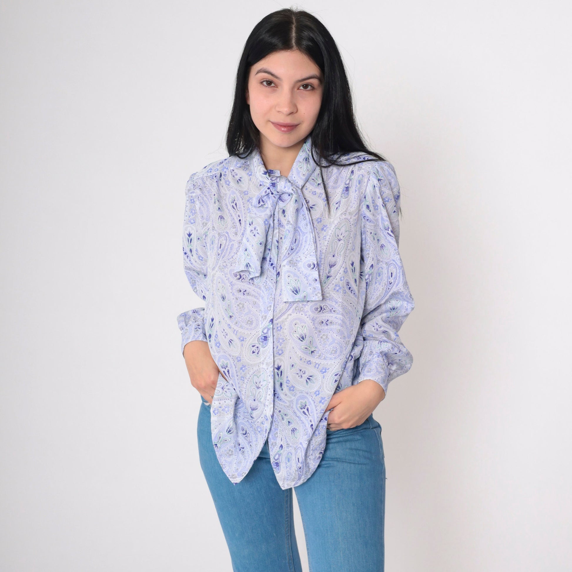 70s Paisley Ascot Blouse Purple White Puff Sleeve Button Up Medium M