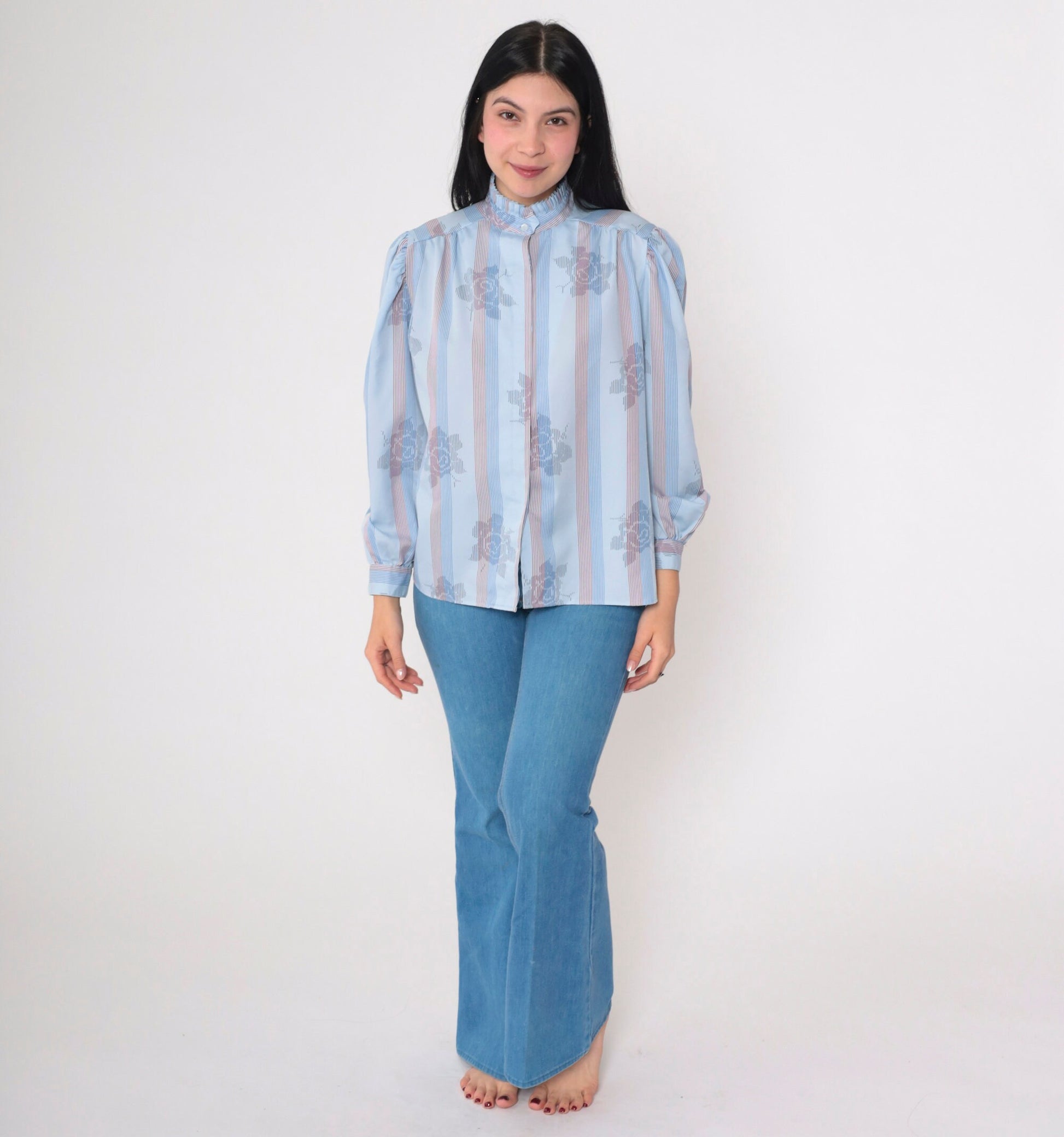 70s Blue Striped Floral Rose Button-Up Blouse High Pleated Neck Long Sleeve Medium M