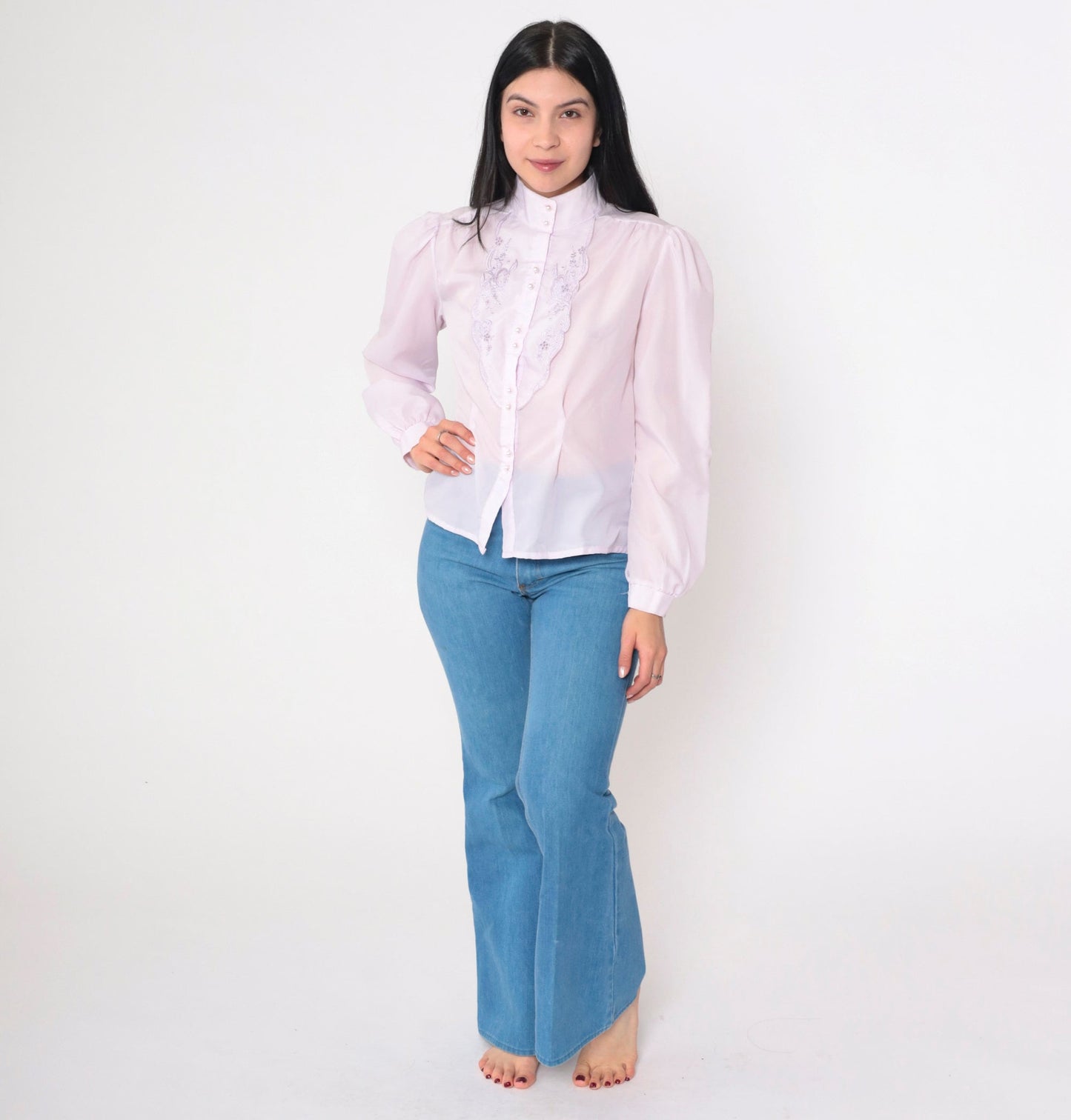 70s Lavender Embroidered Blouse Floral Cutwork Puff Sleeve Button Up Small