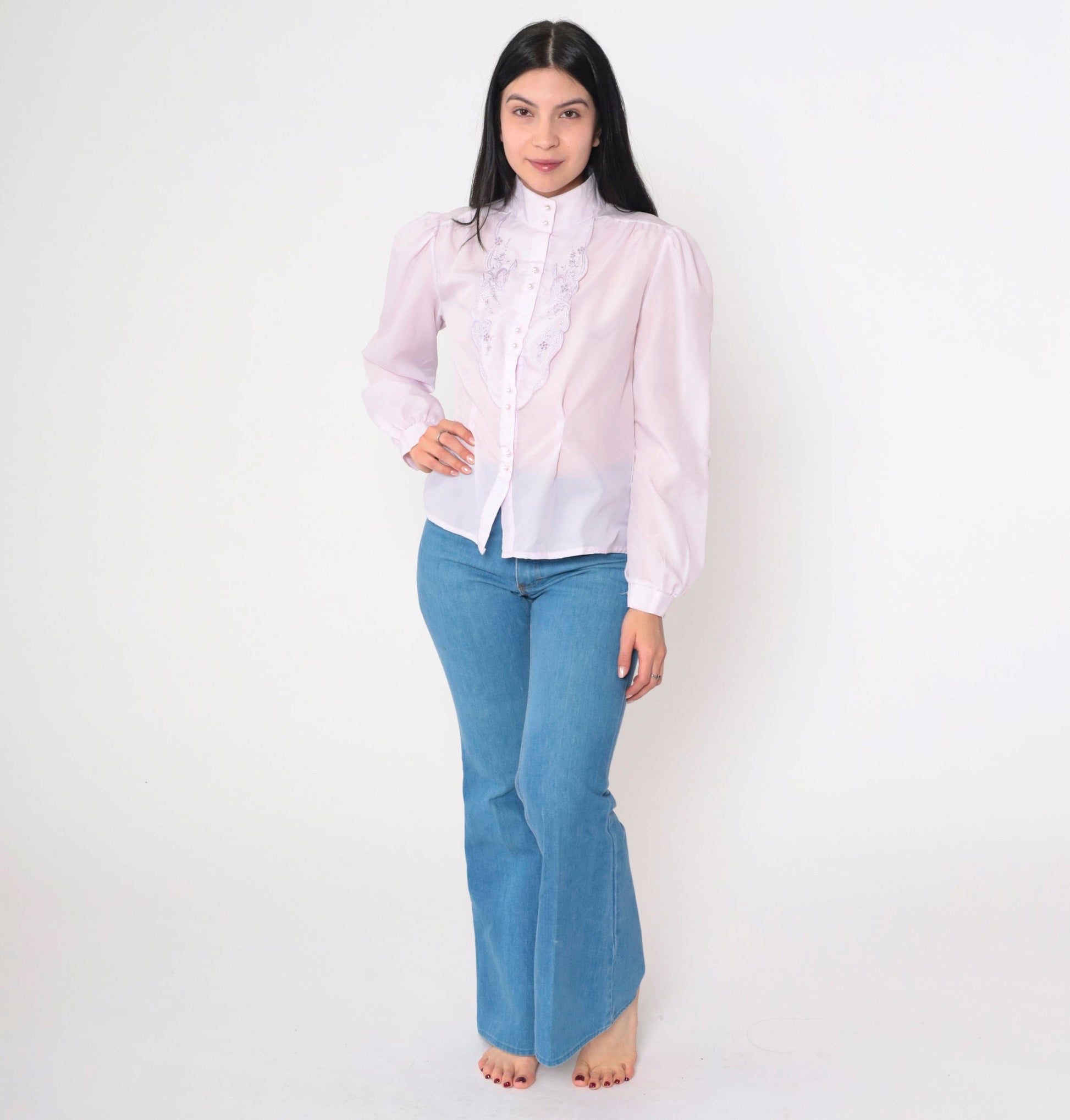 70s Lavender Embroidered Blouse Floral Cutwork Puff Sleeve Button Up Small