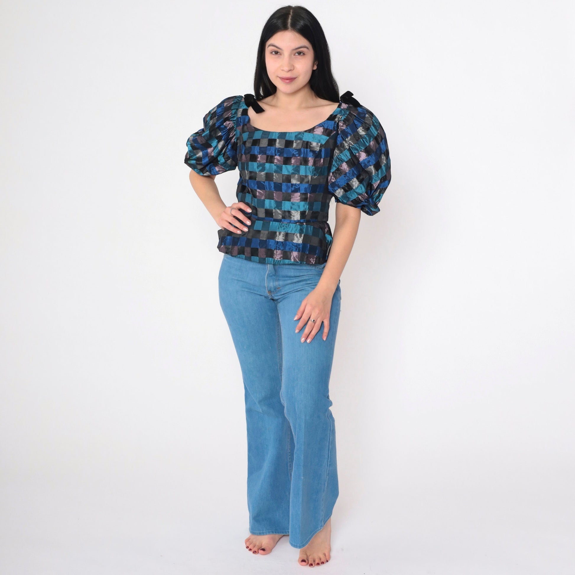 60s Charles Glueck Checkered Peplum Blouse Puff Sleeve Blue Black Extra Small