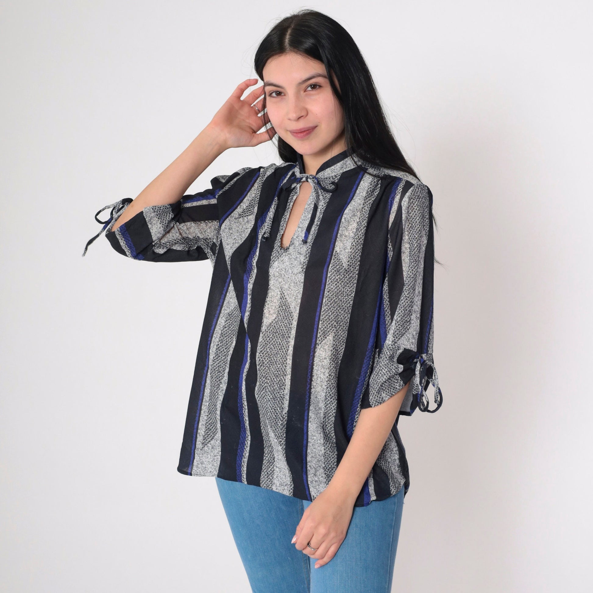 70s Striped Keyhole Blouse Tie Neck 3/4 Sleeve Black Blue Grey Extra Large