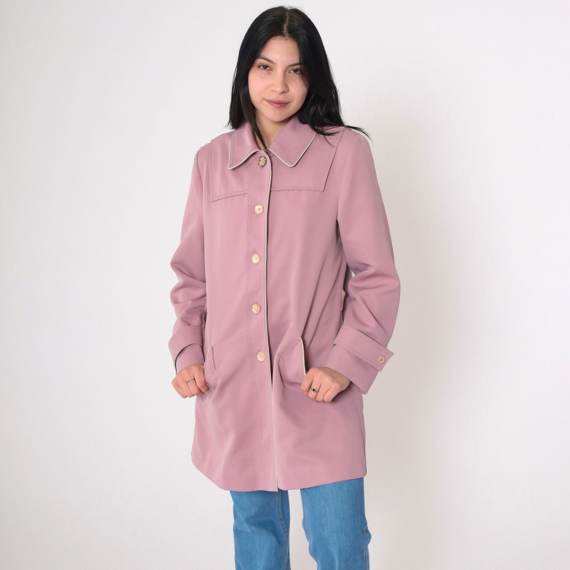 80s Mauve Button-Up Trench Coat Knee Length Extra Small XS