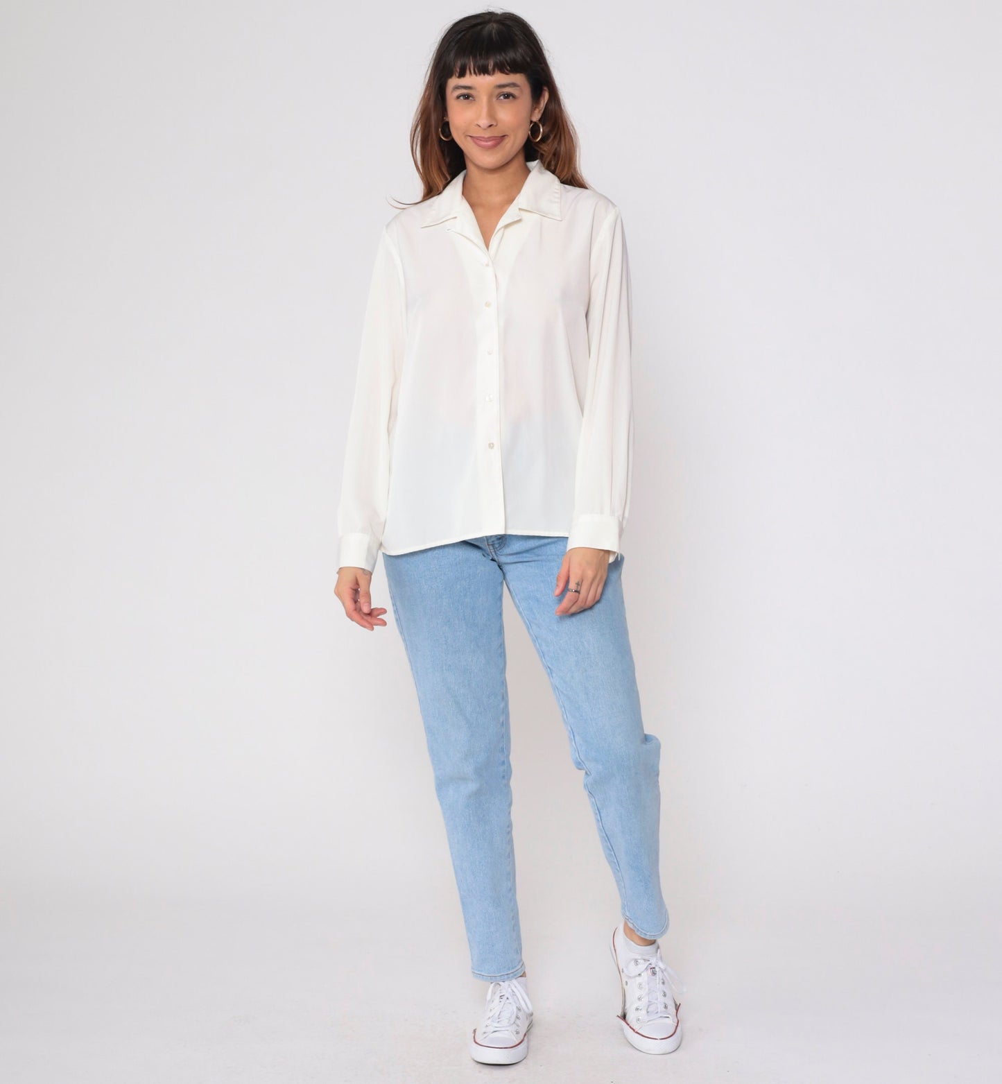 90s White Button-Up Blouse Long Sleeve Collared Shirt Large L