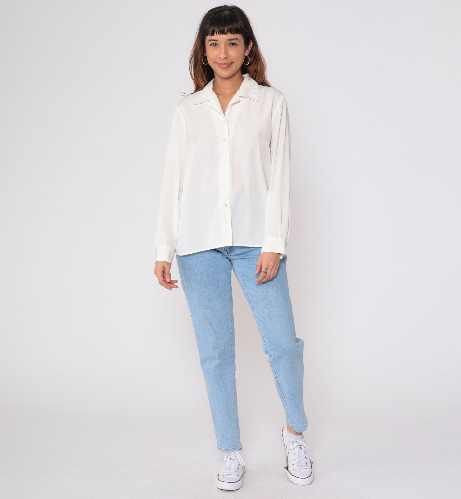 90s White Button-Up Blouse Long Sleeve Collared Shirt Large L