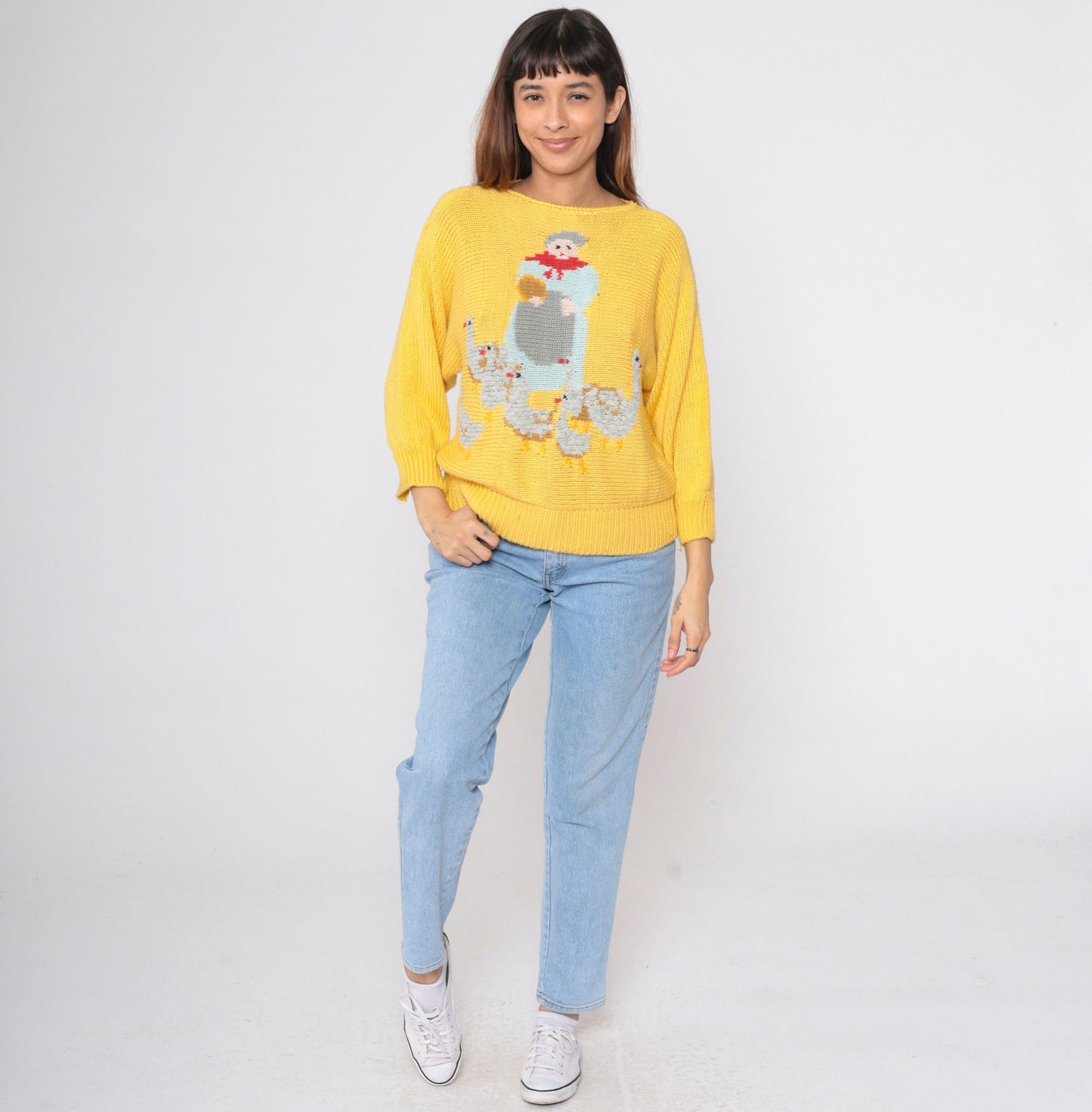 80s Mother Goose Farm Animal Yellow Dolman Sweater Novelty Knit Small