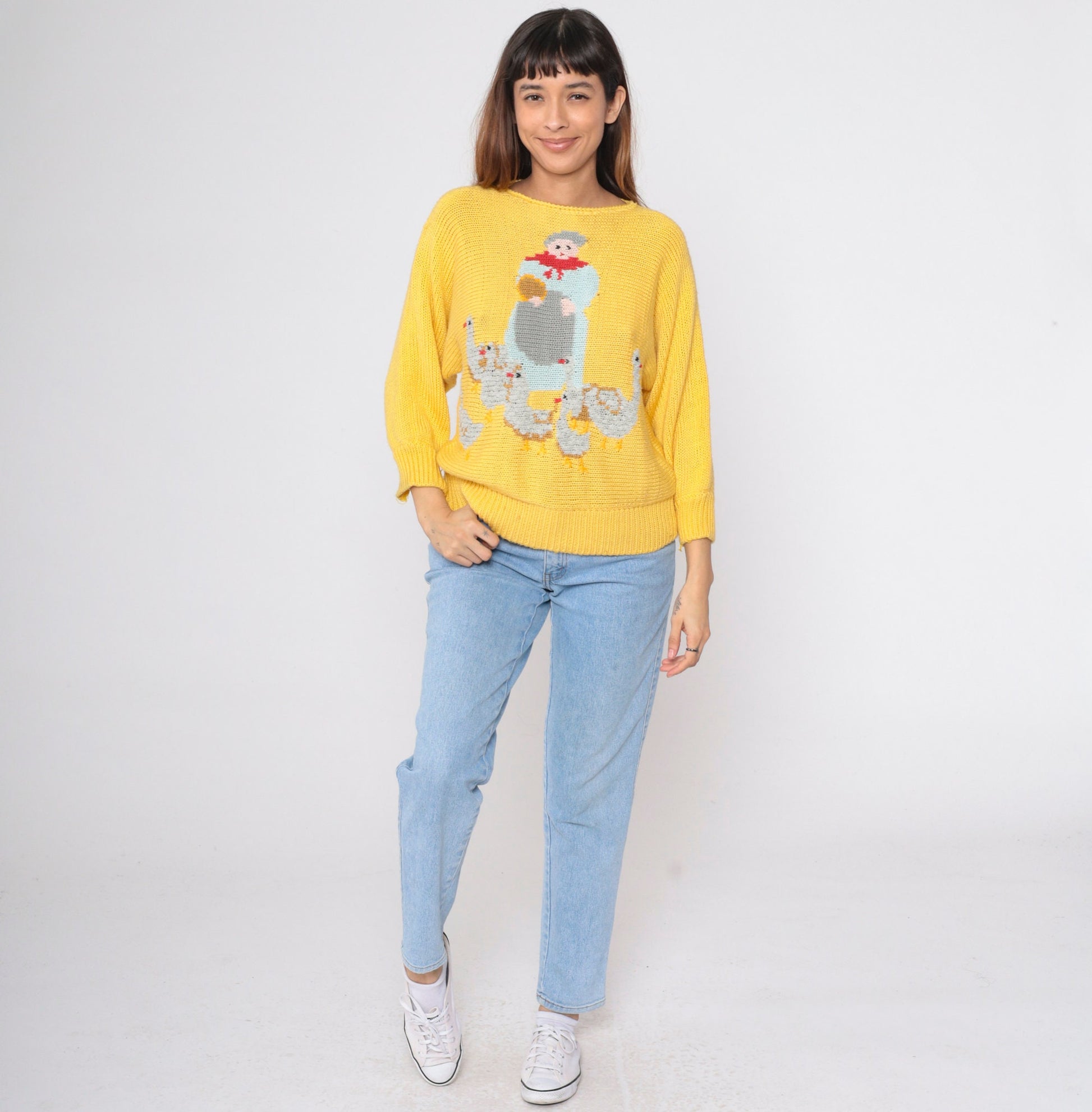 80s Mother Goose Farm Animal Yellow Dolman Sweater Novelty Knit Small