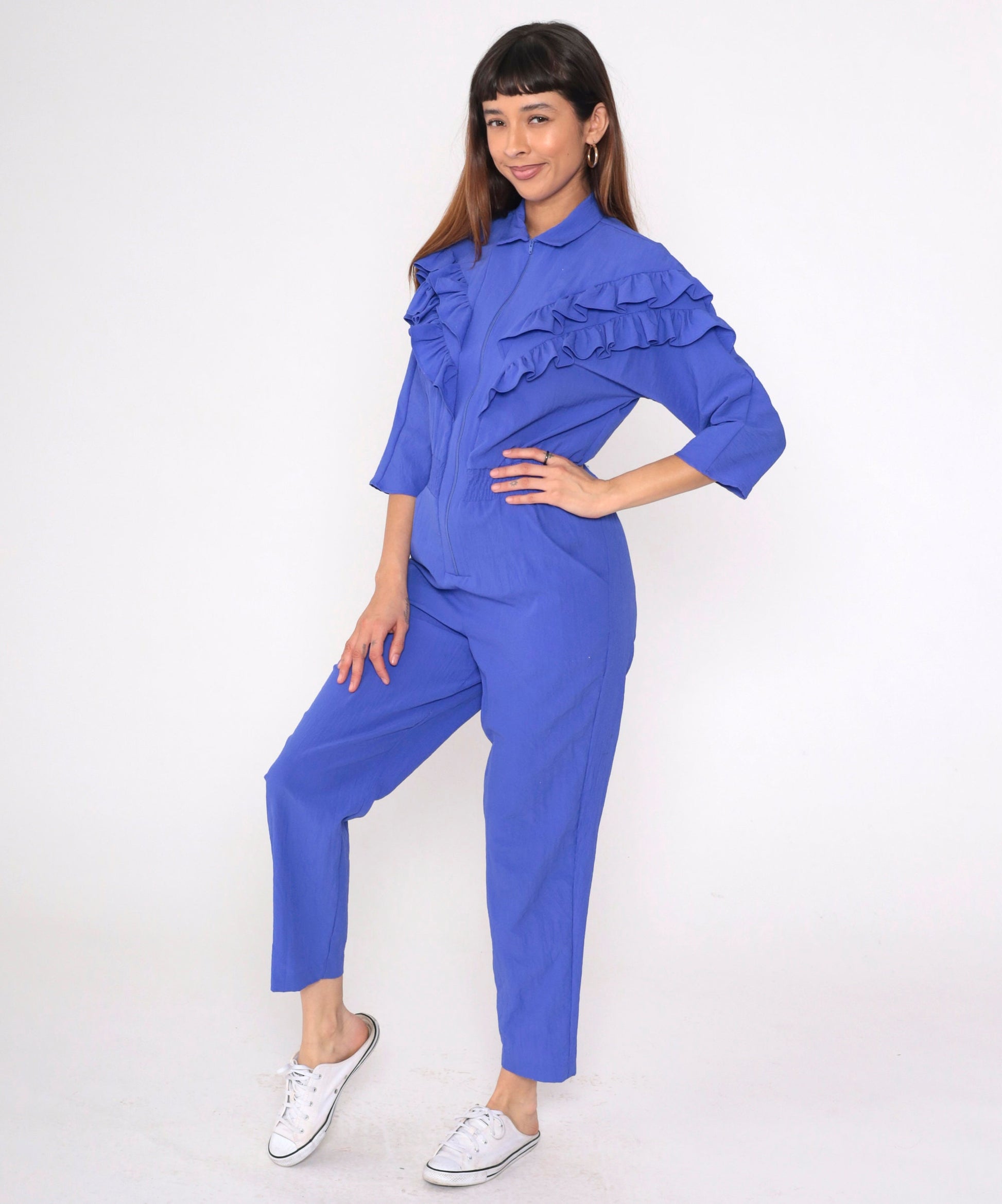 80s Purple Ruffled Jumpsuit High Waisted Tapered Zipper Front 3/4 Sleeve Medium Petite