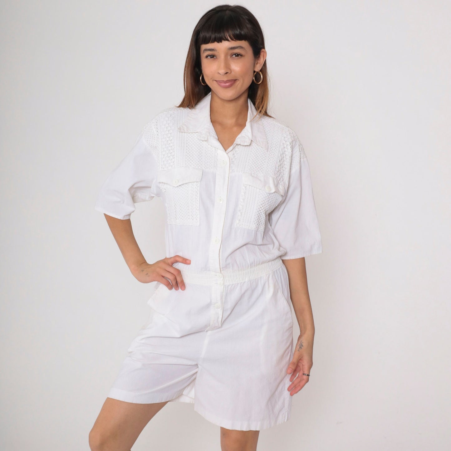 80s White Cotton Mesh Romper Button-Up Playsuit Short Sleeve Medium