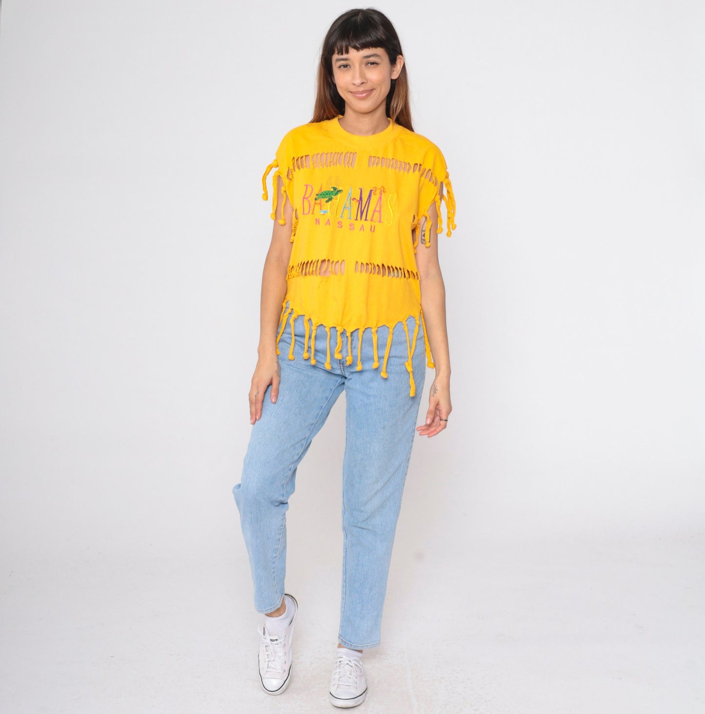 90s Bahamas Nassau Turtle Cutout T-Shirt Yellow Graphic Tee Medium