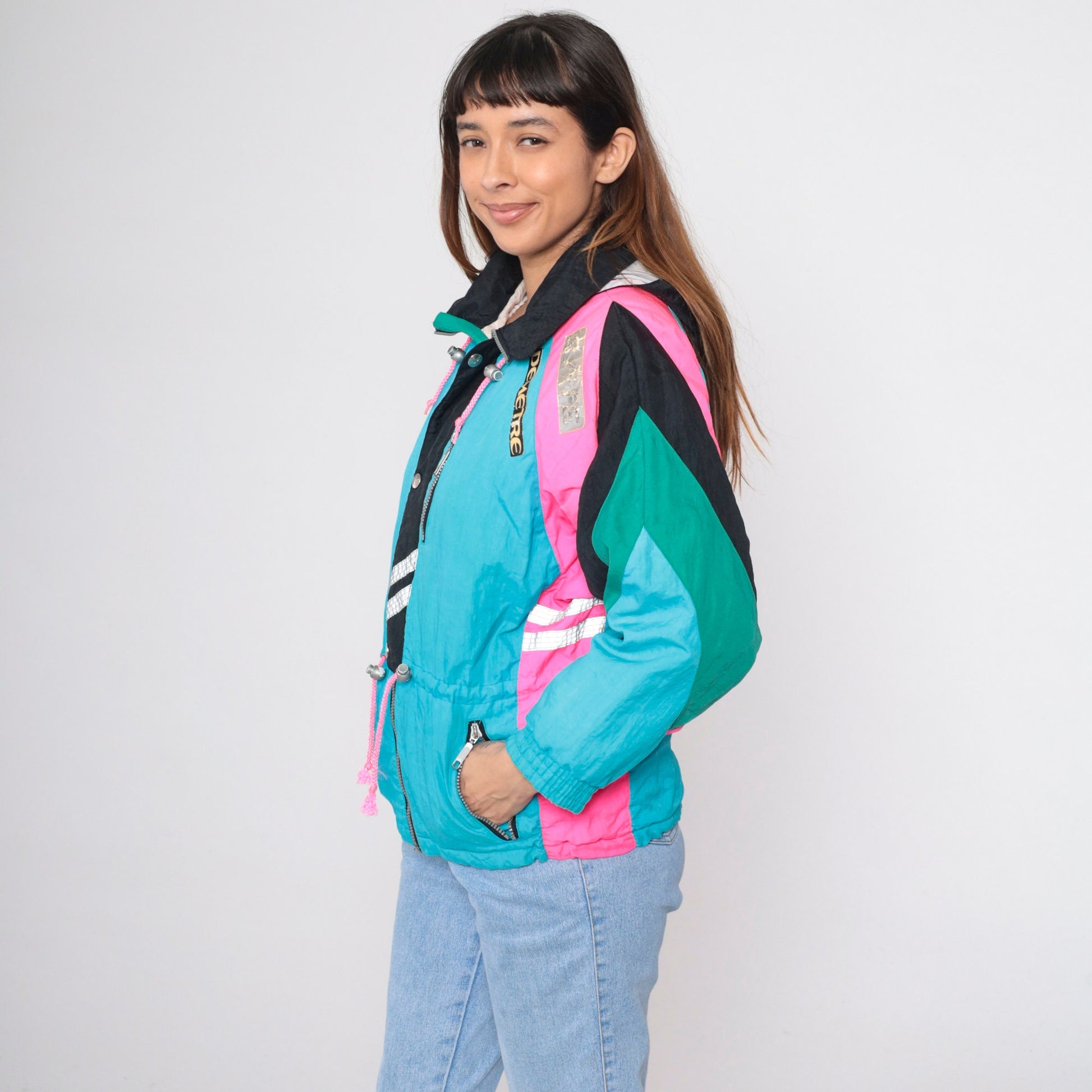 90s Demetre Ski Jacket Turquoise Hot Pink Color Block Puffer Small