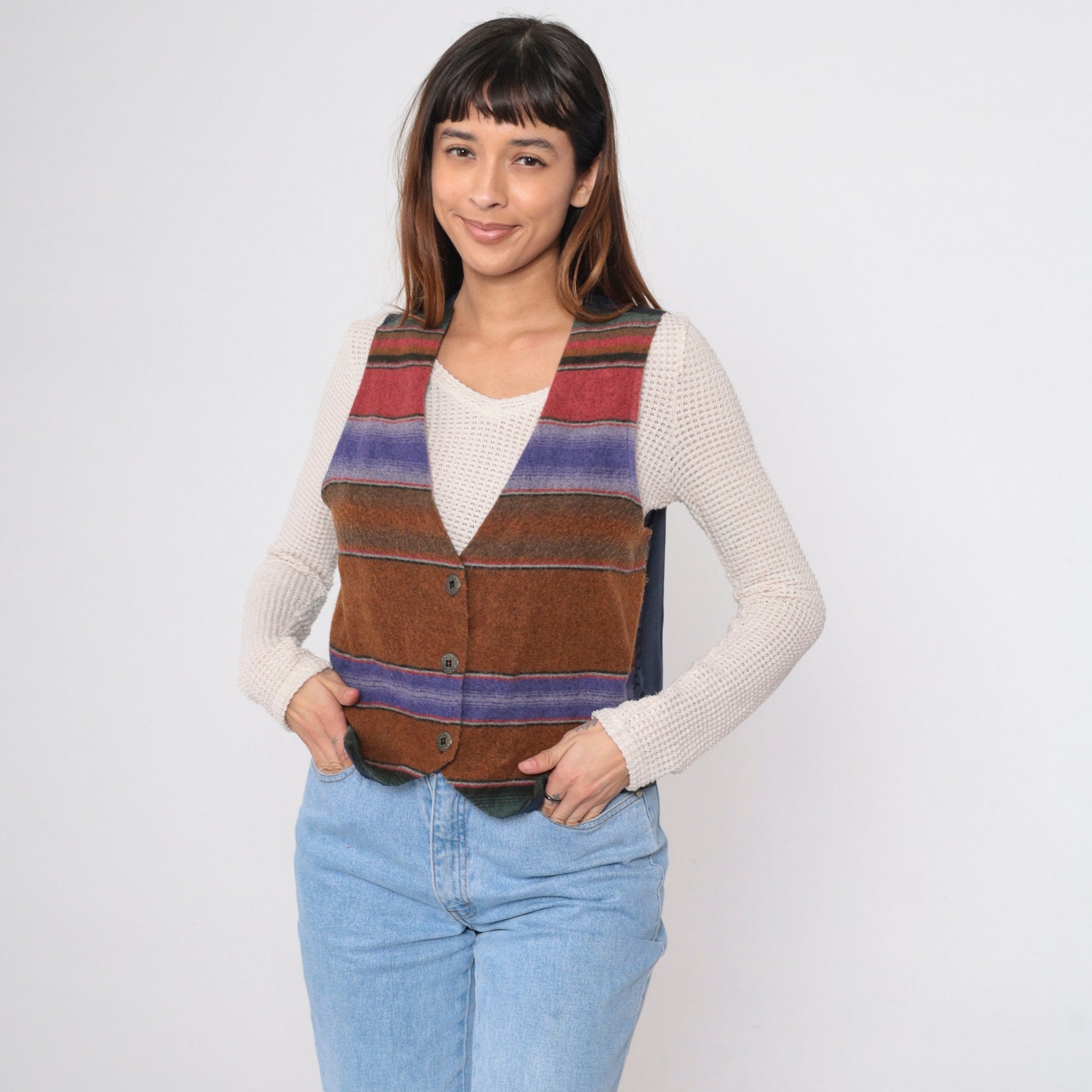 90s Fritzi Sport Southwestern Vest Brown Striped Button-Up Medium