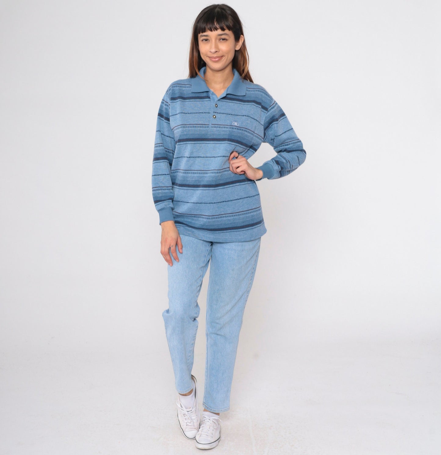 90s Blue Striped Long Sleeve Polo Shirt Men's Small