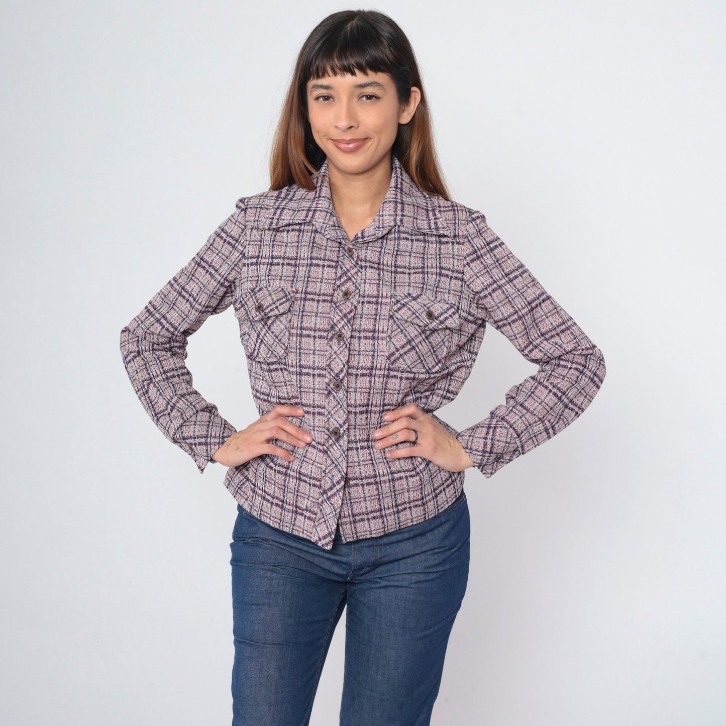 70s Act II Plaid Button-Up Shirt Red Blue Tartan Chest Pocket Medium