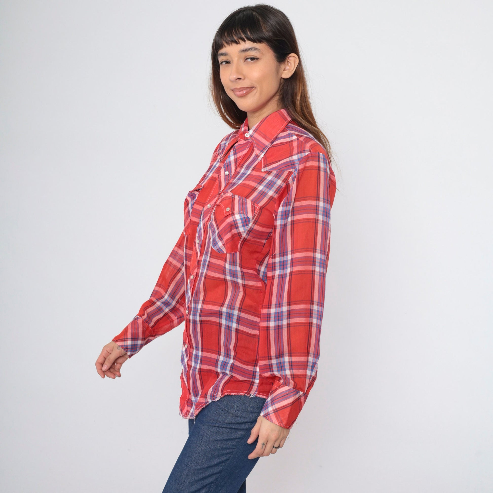 70s Red Plaid Western Shirt Pearl Snap Button Up Long Sleeve Medium
