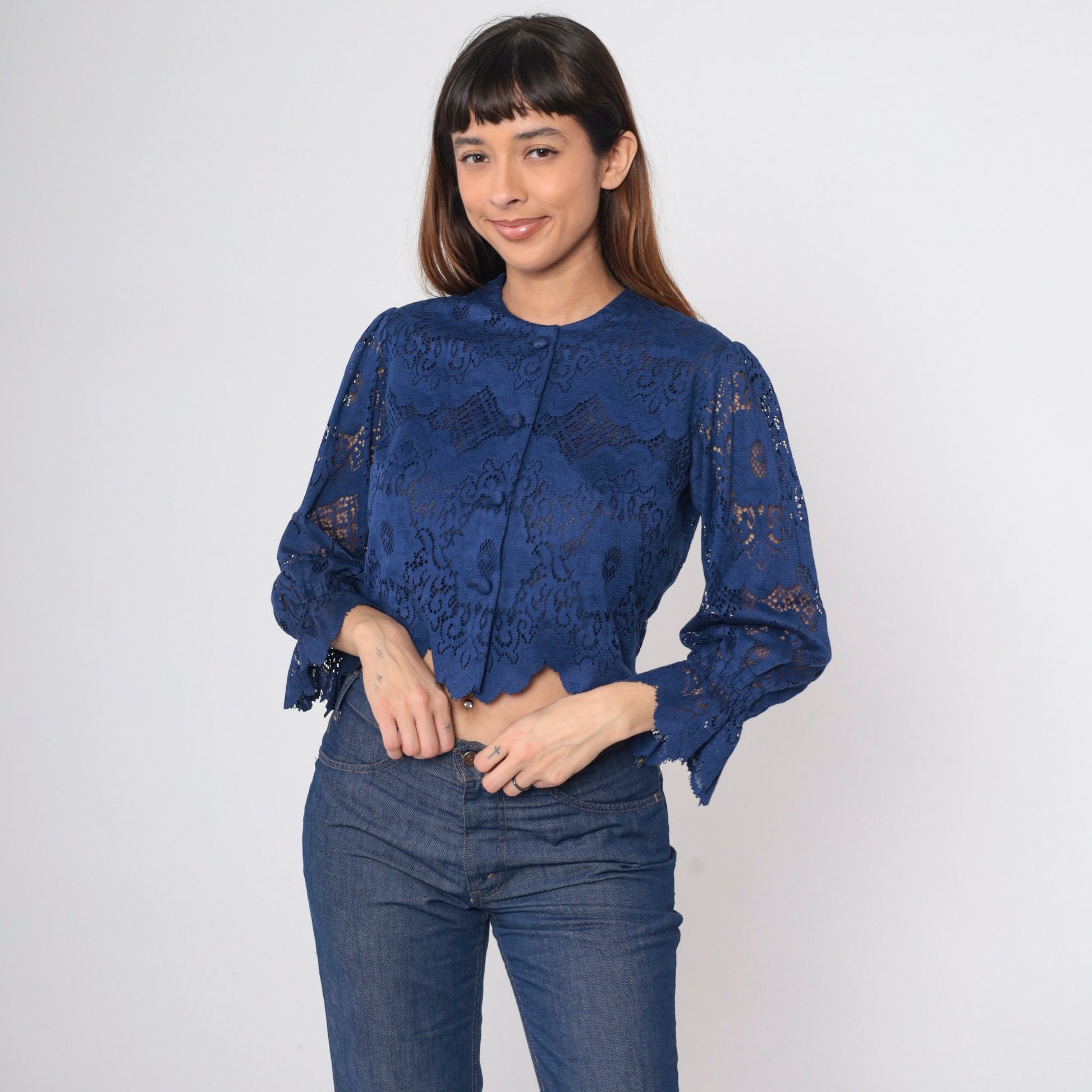 70s Dark Blue Lace Blouse Puff Sleeve Button-Up Crop Top Scalloped Small Medium