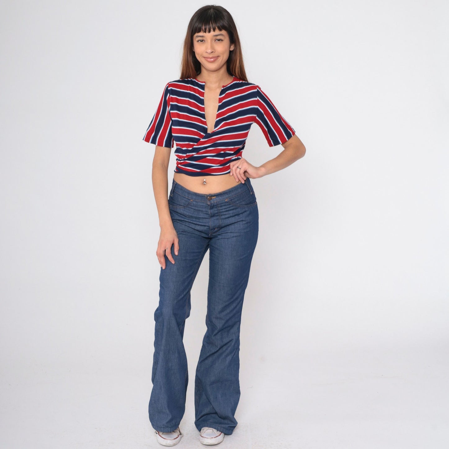 70s Red White Blue Striped Wrap Crop Top Short Sleeve V-Neck Medium Large