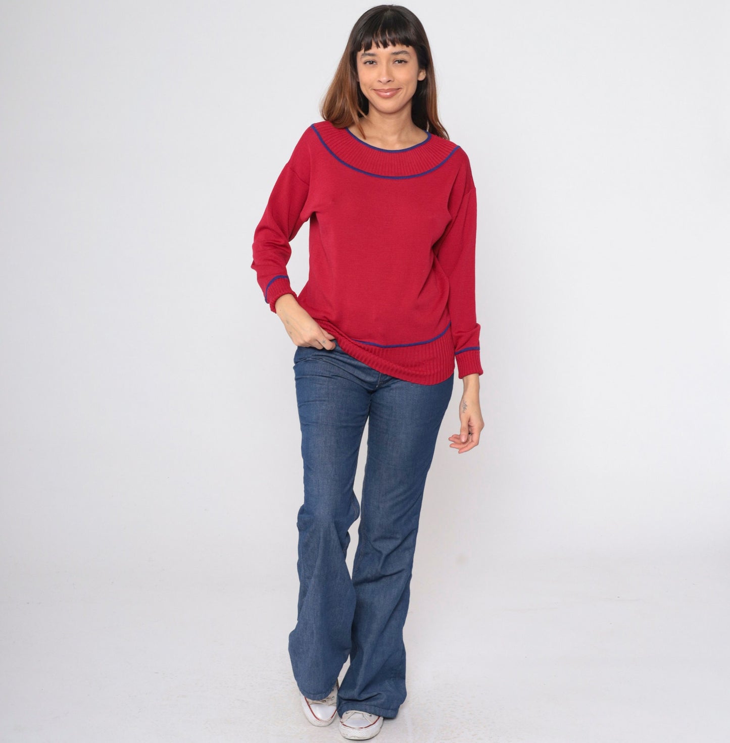 70s Goldworm Cherry Red Wool Sweater Blue Ringer Neck Pullover Small