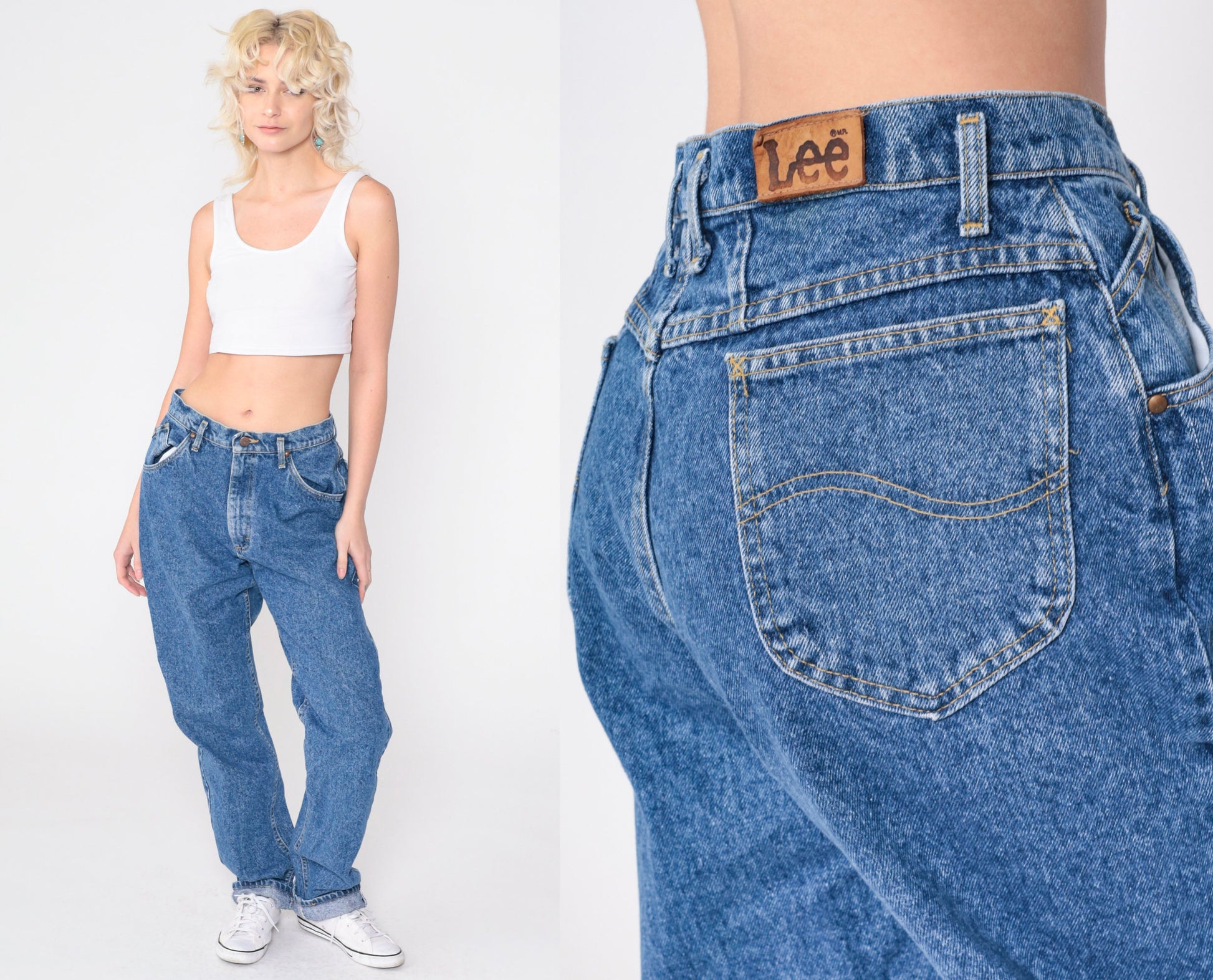 90s Lee High Waisted Tapered Jeans Medium Blue Cotton Long 13