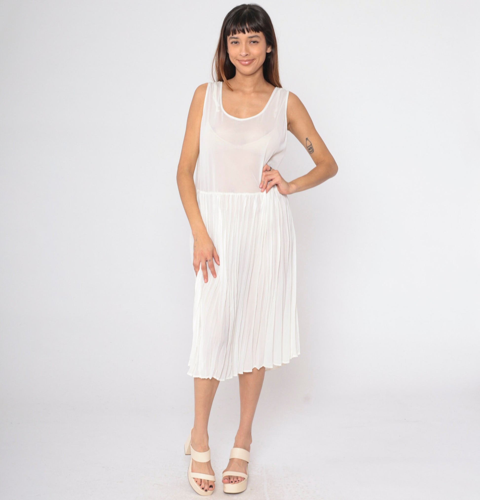80s Sheer White Pleated Midi Dress Drop Waist Sleeveless Scoop Neck Large 12